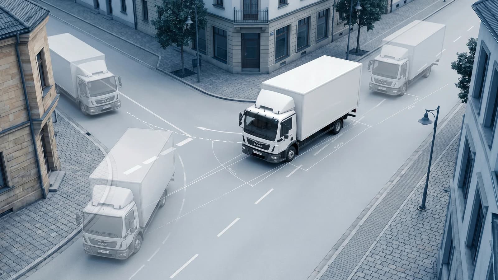 Fahrzeug in einer Kurve mit eingezeichneter Schleppkurve; äußere Karosseriespur und innere Hinterradspur sichtbar