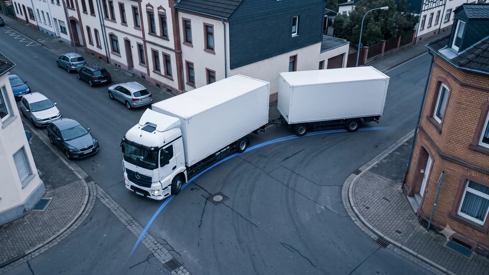 Gelenkfahrzeug bei einer engen Kurve mit sichtbarer Schleppkurve und Spurversatz des Anhängers