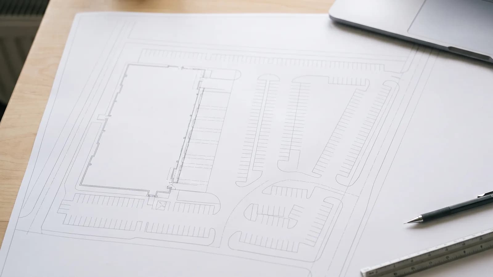 Ein gedruckter Lageplan mit Lagerhalle und Parkplatz auf einem Schreibtisch, daneben ein Laptop, ein Druckbleistift und ein Dreikantmaßstab
