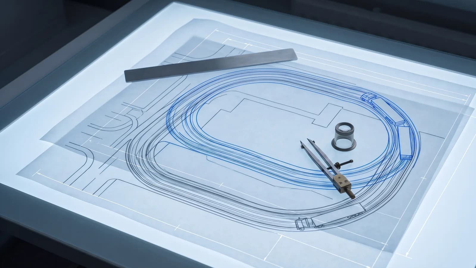 Zwei Transparentpapier-Bögen auf einem Leuchttisch über einem Knotenpunktplan, beide mit derselben Sattelzug-Wendeschleife geplottet; die blauen und grauen Schleppkurvenbänder liegen übereinander
