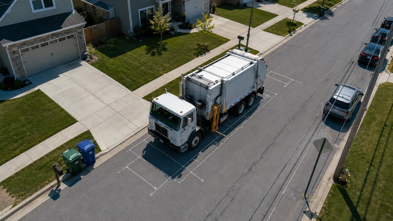 Luftaufnahme von oben: ein weißes amerikanisches Müllfahrzeug an einer sonnigen US-Wohnstraße, die Fahrzeugkontur mit gestrichelten Bemaßungslinien umrissen.